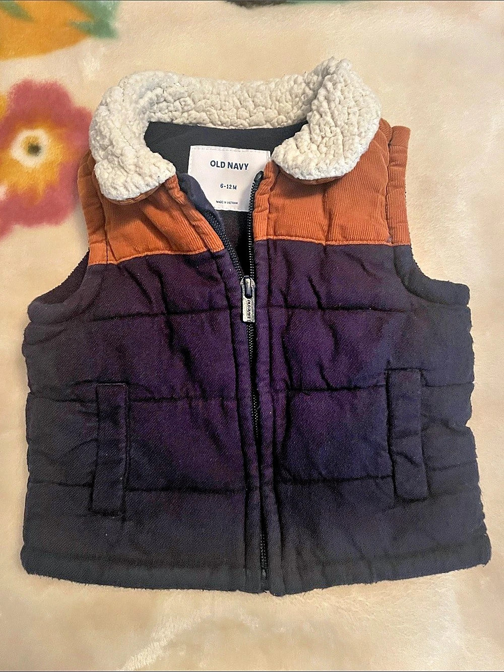 Old Navy Baby Sherpa Collar Corduroy Puffer Vest Navy Tan 6-12 Months